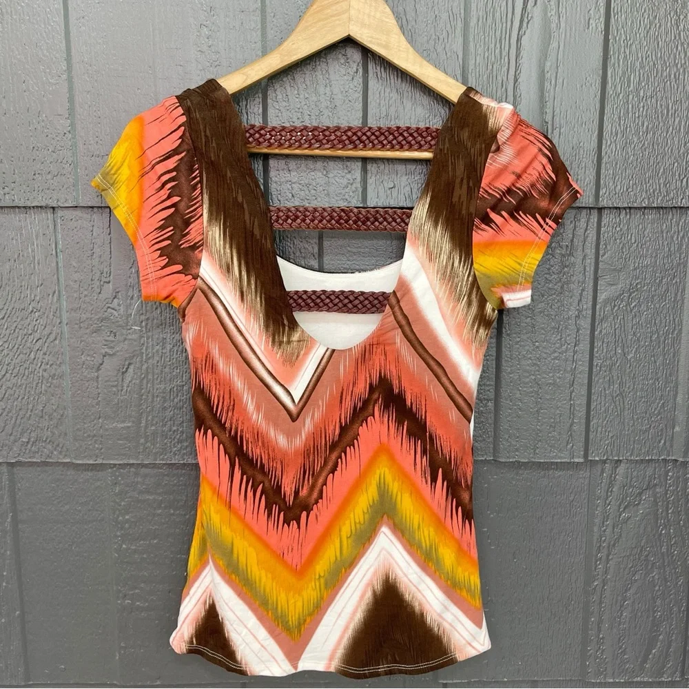 Sky Chevron Brown Orange Mustard Yellow Top with Faux Leather Braided Back - Picture 2 of 8
